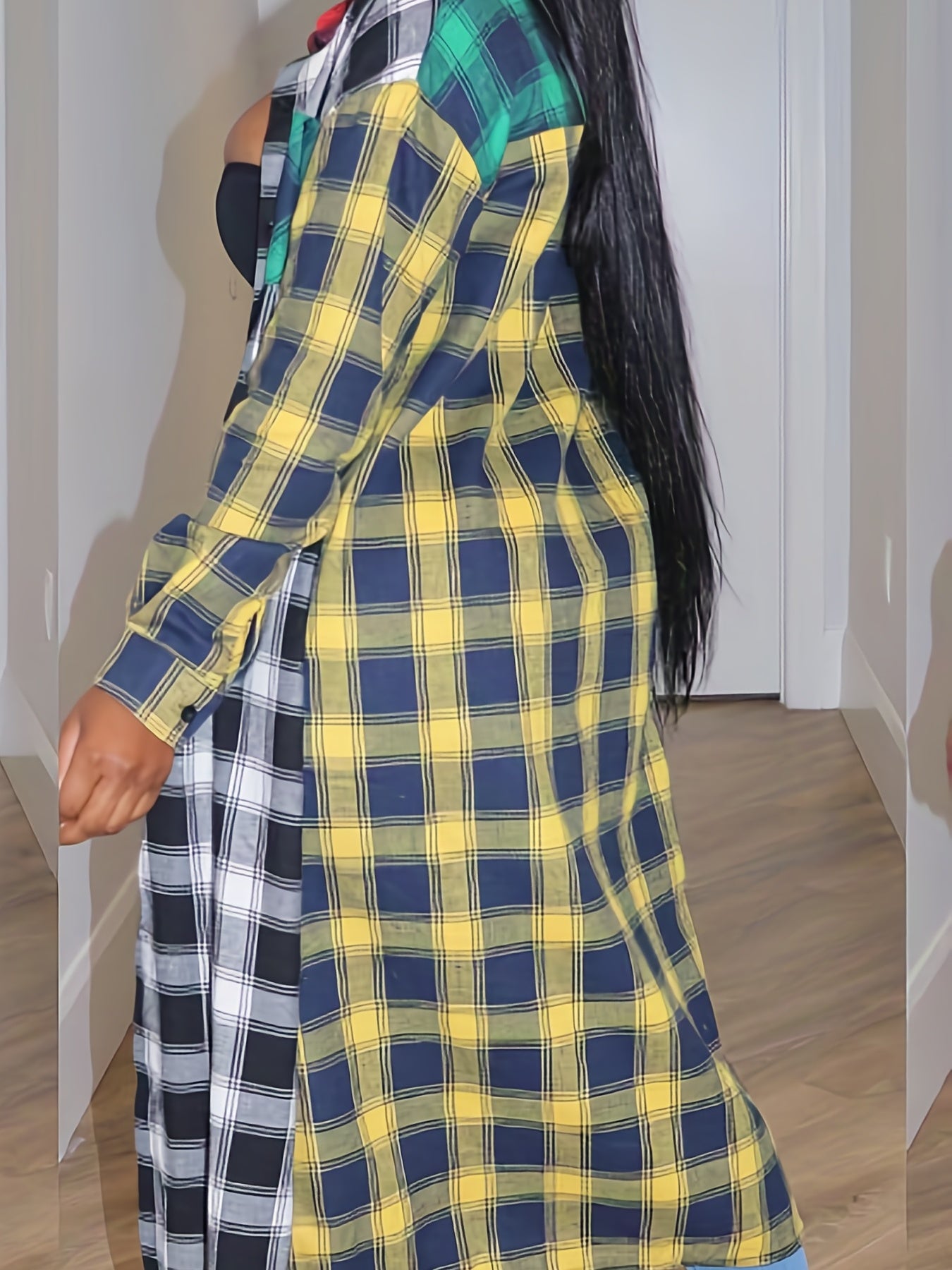 Color Block Plaid Patchwork Lapel Collar Trench Coat, Polyester Non-Stretch Woven Fabric, Fall Season Women'S Clothing